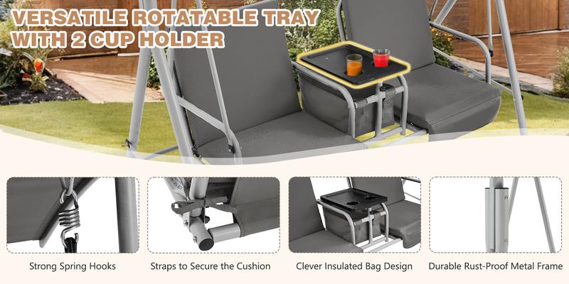 2-Seat Porch Swing with Stand & Pivot Storage Table, Outdoor Swing with Adjustable Canopy & 2 Cup Holders for Bedroom & Balcony, Gray