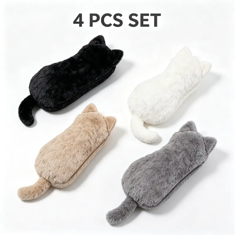 Cute 3D Cat Pencil Case 3-Pack, Soft Plush Kawaii Storage Pouch for Girls, Large Capacity with Lightweight Zip for School Shopping & Cosmetics, Girls Students, Stationery Bag, Multiple Sets