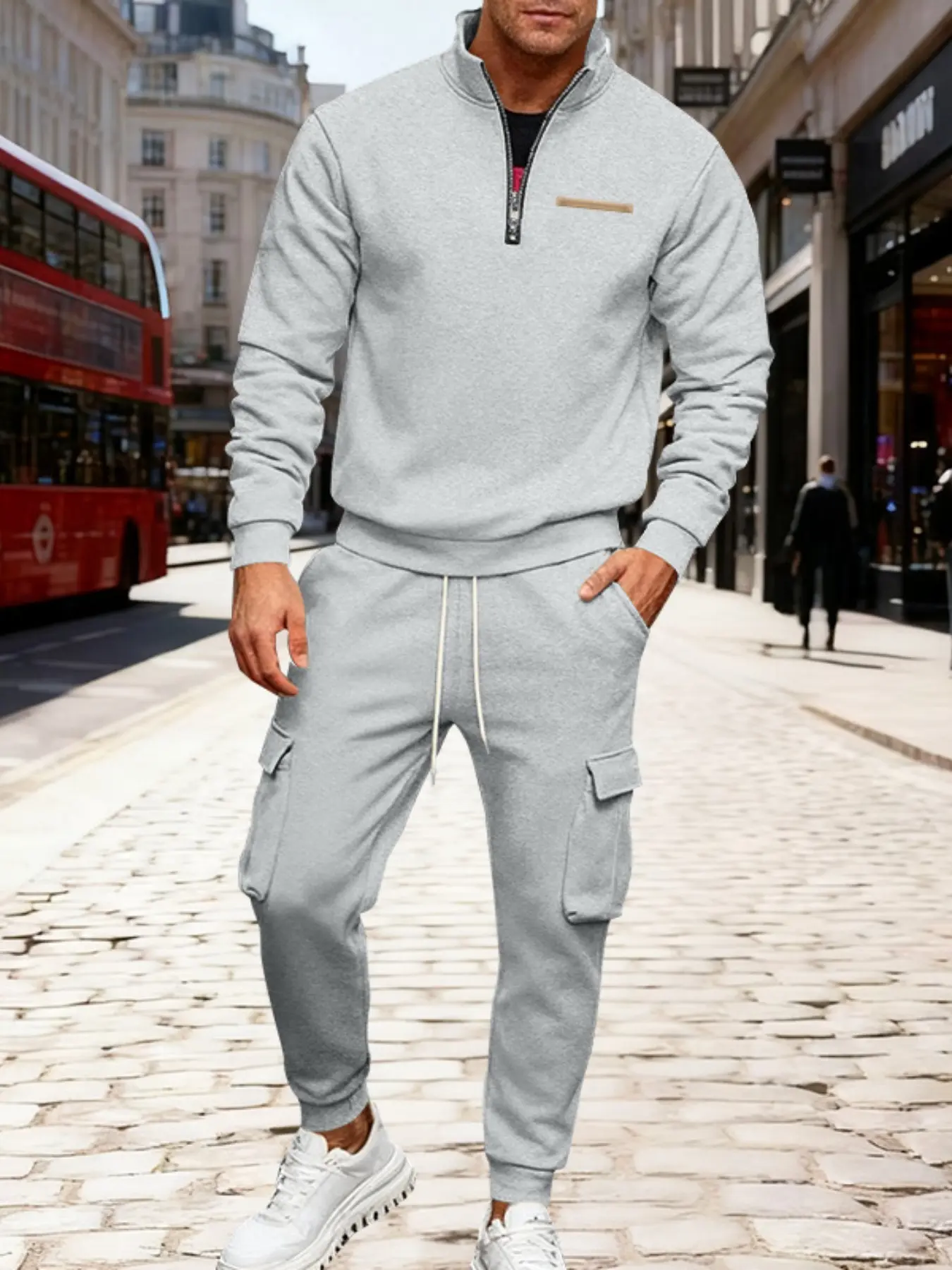 Men's Eight-Color Heavyweight Fleece Workwear Sweatshirt and Pants Set, Chest Pockets Design, Casual Fashion Commute