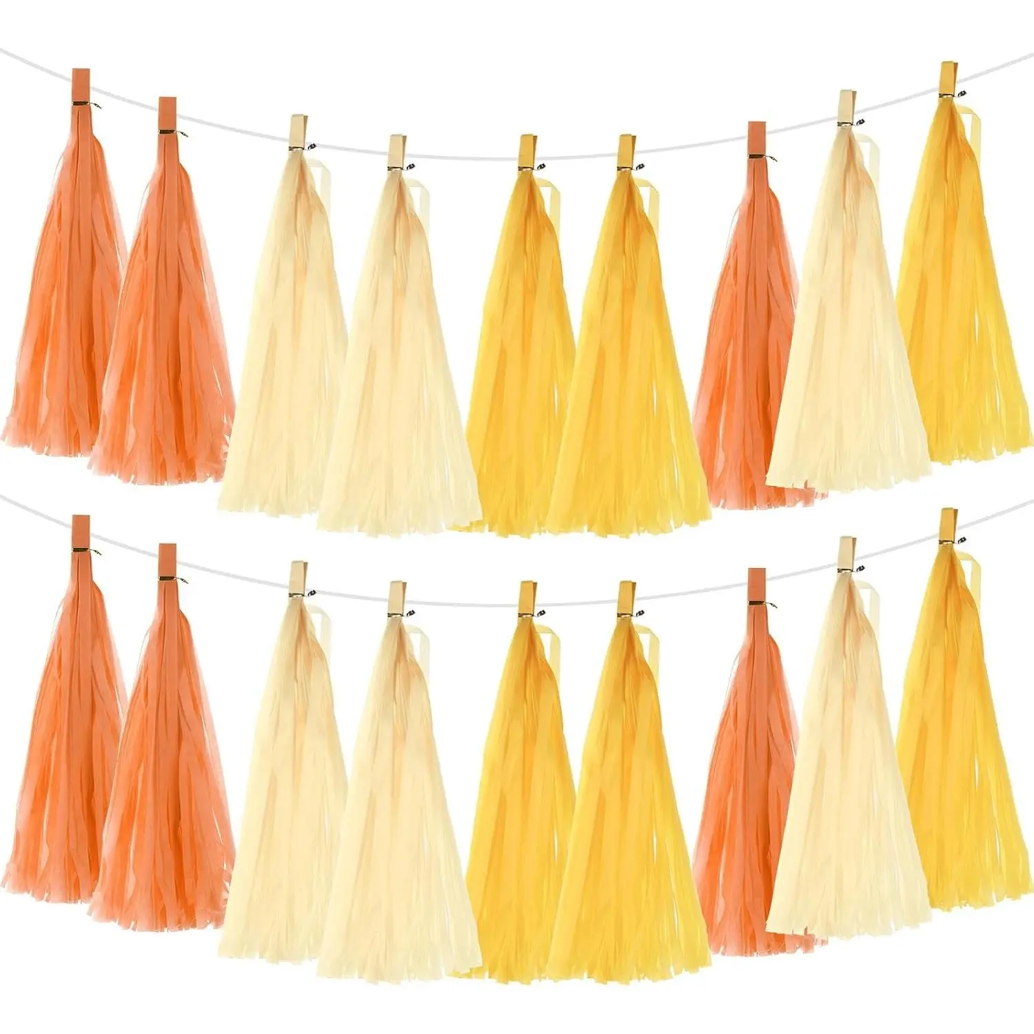 MECCANIXITY 30Pcs Light Yellow Cream Orange Tissue Paper Tassel Garland Banner with Rope DIY Party Kits for Anniversary Wedding Birthday Party
