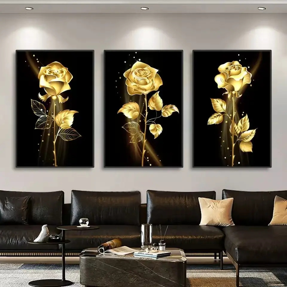 3pcs Modern Classic Art Golden Rose Black Canvas Hanging Painting Living Room Sofa Background Wall Frameless Oil Painting Bedroom Home Decoration Poster
