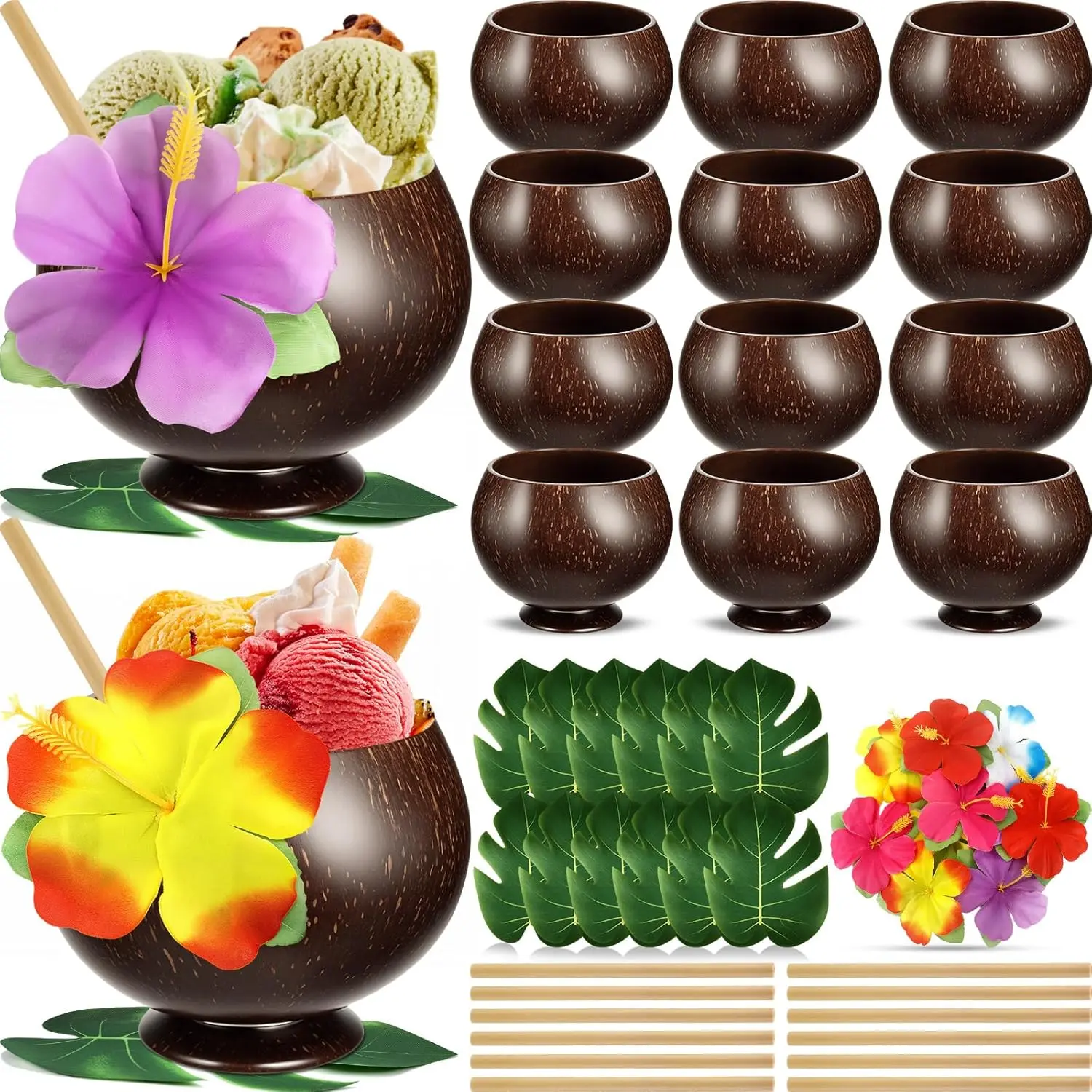 48 count Coconut Cups Set Include 12 count 13.5oz Coconut Shell Cups, 12 Straws, 12 Turtle Leaves, 12 Hibiscus   Bowls Hawaiian Luau Birthday Party Favor for Drink Ice Cream