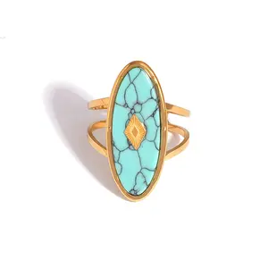 Unisex Natural Turquoise Stainless Steel Rings - Minimalist Unique Statement Bands, Titanium Steel Jewelry, Ideal Gift for Daily & Party Wear