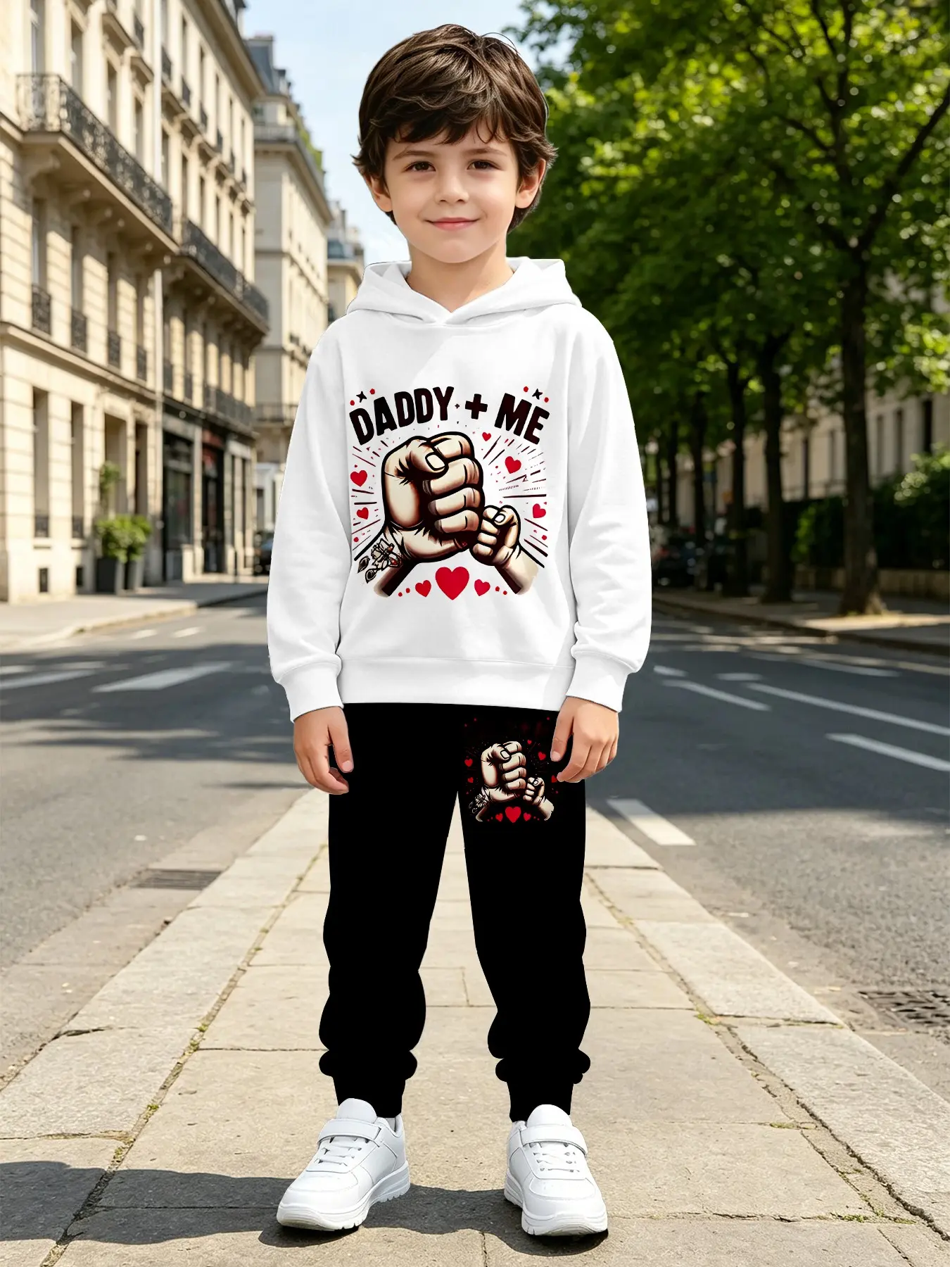 Family Matching Set for Kids and Adults, Heart Print Sweatshirt and Joggers, Casual Two-Piece for Fall & Winter