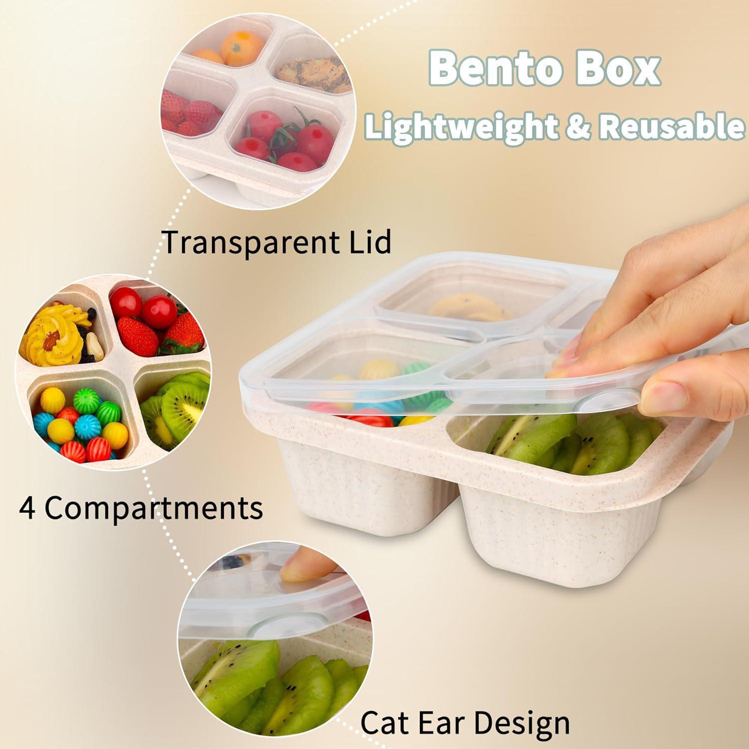 4-Piece Wheat Straw Four-Compartment Snack Boxes Reusable BPA-Free Lunch Bento Containers Stackable for School Work Travel with Cat Ears Lid & Sauce Holders - Cover