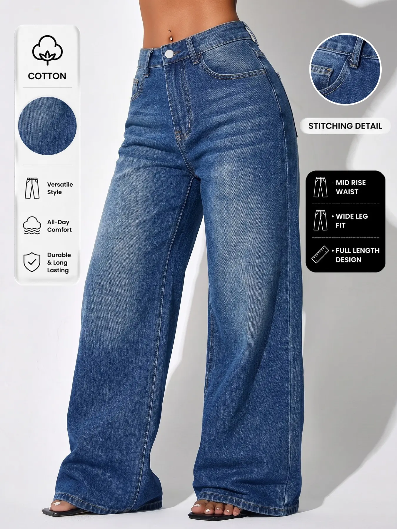 Mid-Rise Baggy Denim Jeans with Spray Monkey Wash & Whiskers, Slimming Streetwear for Women, Elegant Chic Wide Leg Fit Pants, Trendy Casual All-Season Summer Bottoms, Denim Loose Jeans