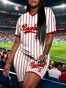 Women's Casual Stripe Print V Neck Two-Piece Set, Baseball Style Fitted Regular Length Tops & Shorts Set, Medium-Weight Fabric, Stretchy Summer Outfit