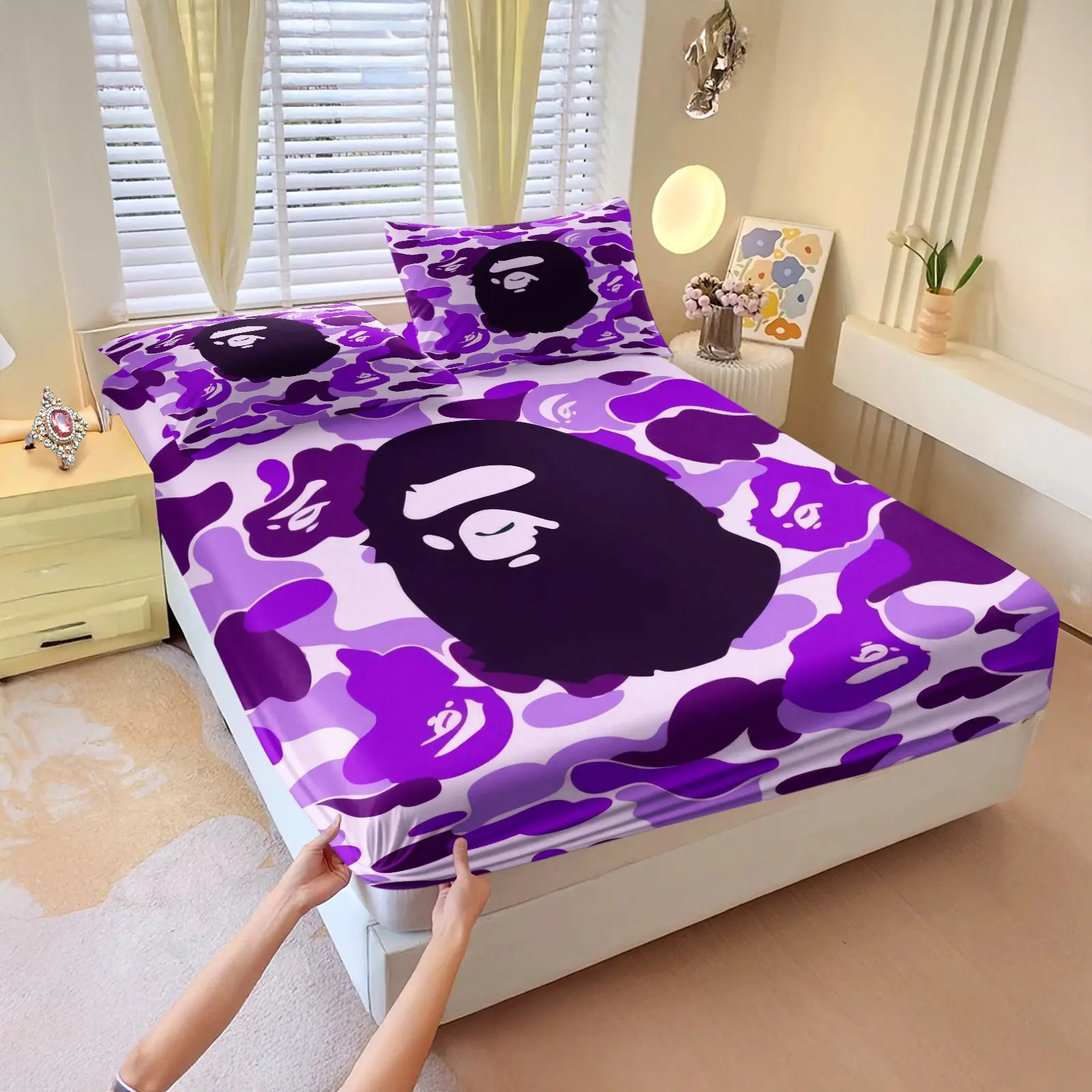 Purple Camouflage Giant Monkey Head All Over Print Fitted Sheet Set, No Filling Included, Non Slip Mattress Wrap, Machine Washable Fade Resistant, Studio Apartment Decor, 3 Piece Bedding Set Perfect For Studio Apartment