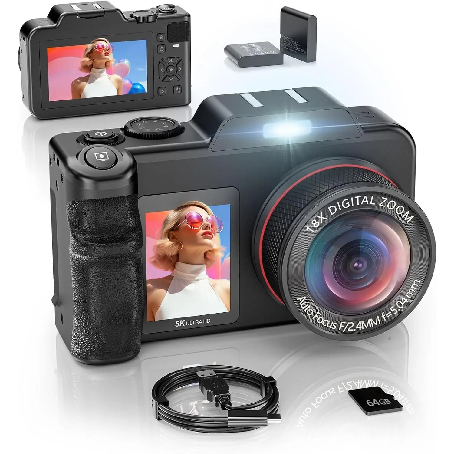 5K Digital-Cameras for Photography, 80MP 18X Zoom Black | 2026 Upgrade 3.5"+2"  Screen for Self-Framing Autofocus Vlogging Camera for YouTube/Content Creators/Beginners/Travel