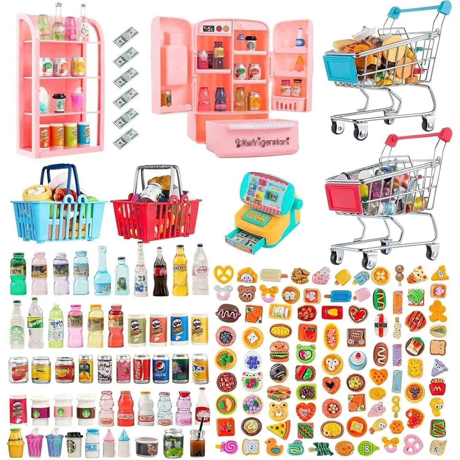 164Pcs Miniature Metal Shopping Cart Set with Toy Furniture, Food, Drinks, Handcart Trolley, DollHouse Store Grocery Accessories, Kitchen Play Game Model Shelves, Cash Register, Refrigerator (Metal Parts Included)