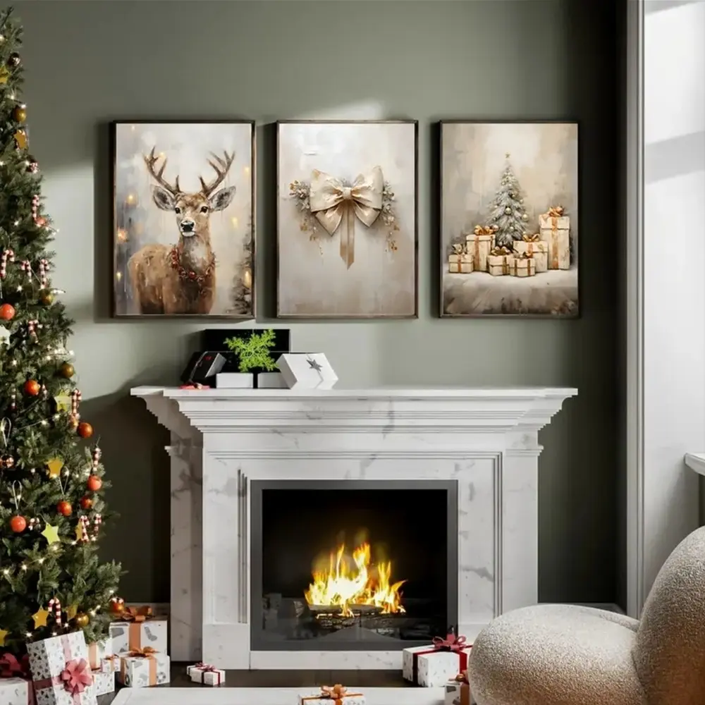3 Pieces Christmas Tree & Nutcracker Canvas Art, Reindeer, Bow & Pine Tree Christmas Wall Art Posters, Bedroom Home Decor, Christmas, Framed and Unframed Options Available.