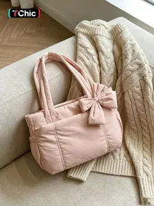 Pink Quilted Bow Tote Bag, Casual Lightweight Shoulder Bag, Casual Commuter Bag, Suitable for Commuting, Shopping, Leisure Outings, Everyday Accessories, Handbag Shoulder Bag