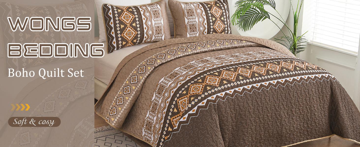 Boho Set Queen Size,3 Pieces Brown Printed Bedspread Coverlet Set,Lightweight Microfiber Bedding Set with 2 Pillowcases,96"*90"