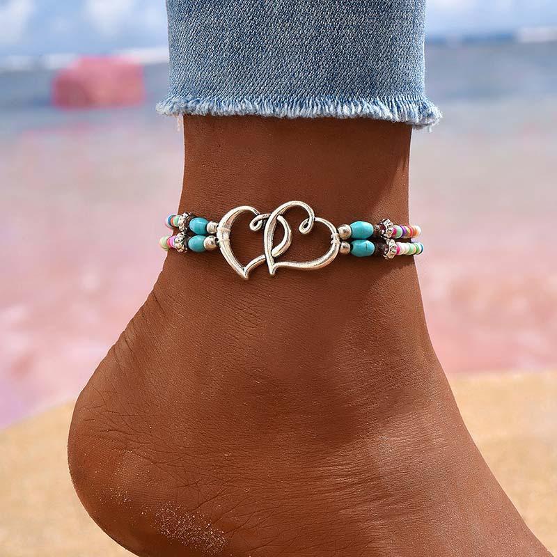Boho Chic 3Pcs Set Women's Beaded Heart Charms Multi-layer Anklet Exquisite Double-Layer Beaded Heart Anklet for Summer Vacation Beach Wedding Party Jewelry Gift