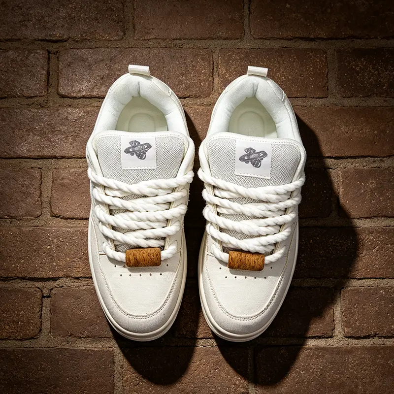 Campus Skate Daily Cream White Canvas Bread Platform Sneakers Oversized White Twisted Rope Laces Natural Cork Ornament Shock Absorbing Thick Non Slip Sole Unisex Student Casual Footwear for Class Walks Skate Park Training
