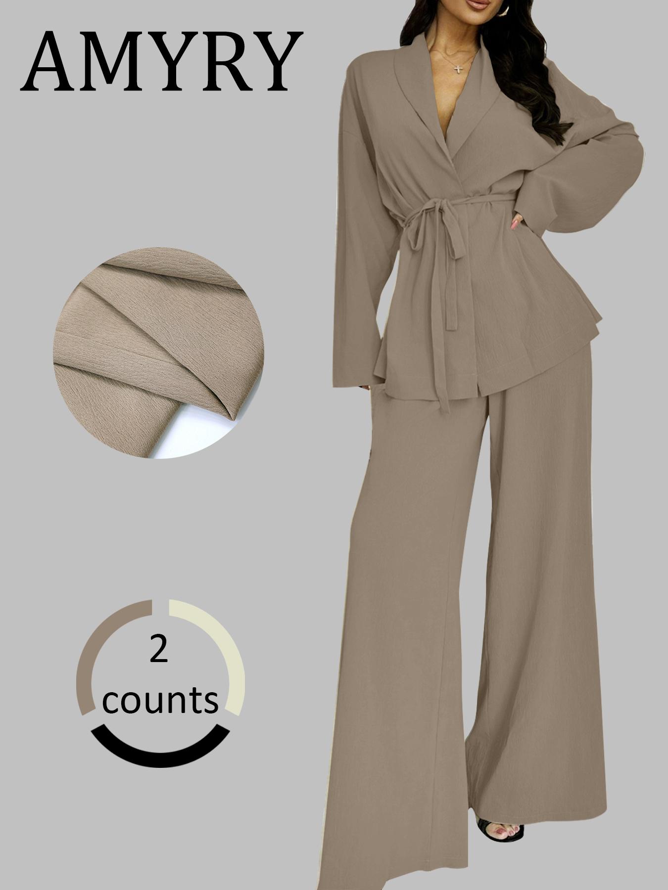 Two-piece Set Women's Solid Color Long Sleeve Open Front Blazer & Wide Leg Pants Set, Casual Elegant Fitted Two-piece Outfits for Work Office Business, Ladies Spring & Fall Clothes, Chic Womenswear, Minimalist Suits