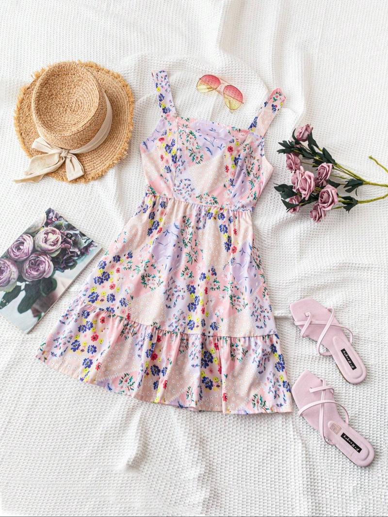 Women's Floral Print Backless Bow Tie Dress, Sleeveless Short Sundress, Casual Boho Chic, Boho Vacation, Fitted Summer Dress