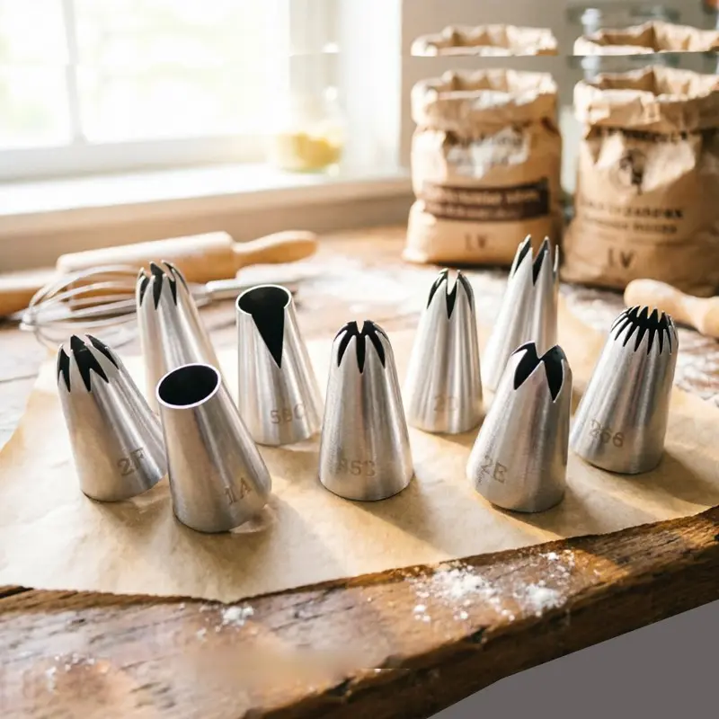 Cake Cream Piping Tips Set, Cake Decorating Tools, 304 Stainless Steel, Medium Size 6 Teeth & 8 Teeth, Full Set Piping Bags, Baking Tools