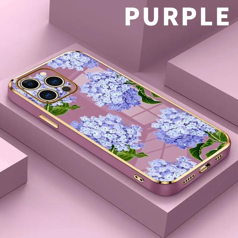 Darlingcase Electroplated TPU Phone Case for iPhone 17 Pro Max iPhone 16 15 14 Plus 13 12 11 Lavender Hydrangea Grace Pattern Classic Straight Design Scratch Resistant Softcase