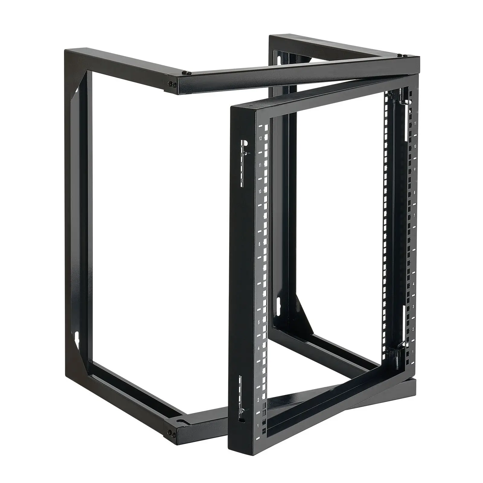 12U Wall Mount Server Rack System for 19-Inch IT Equipment, 150 Lbs Max Load, Open Frame Network Cabinet with 180-Degree Gate Swing, Durable Carbon Steel Construction, Ideal for Data Center IT Infrastructure and AV Devices, Black