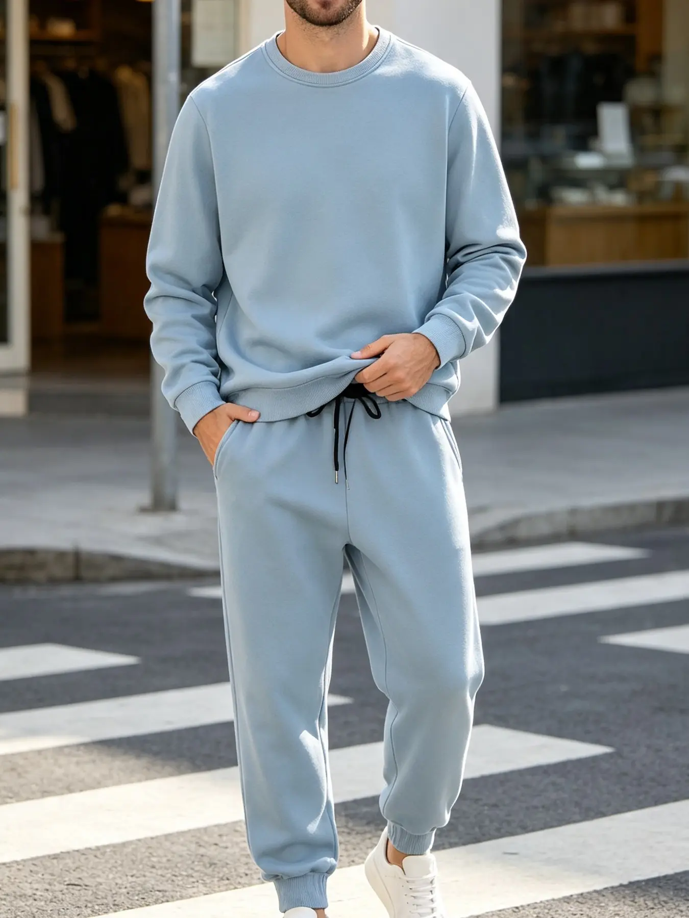 Simple solid color light blue basic round neck pullover sweatshirt with drawstring leg tied pants two-piece set for men, loose and soft, skin friendly solid color sports suit, daily travel, shopping, commuting, versatile casual outfit set