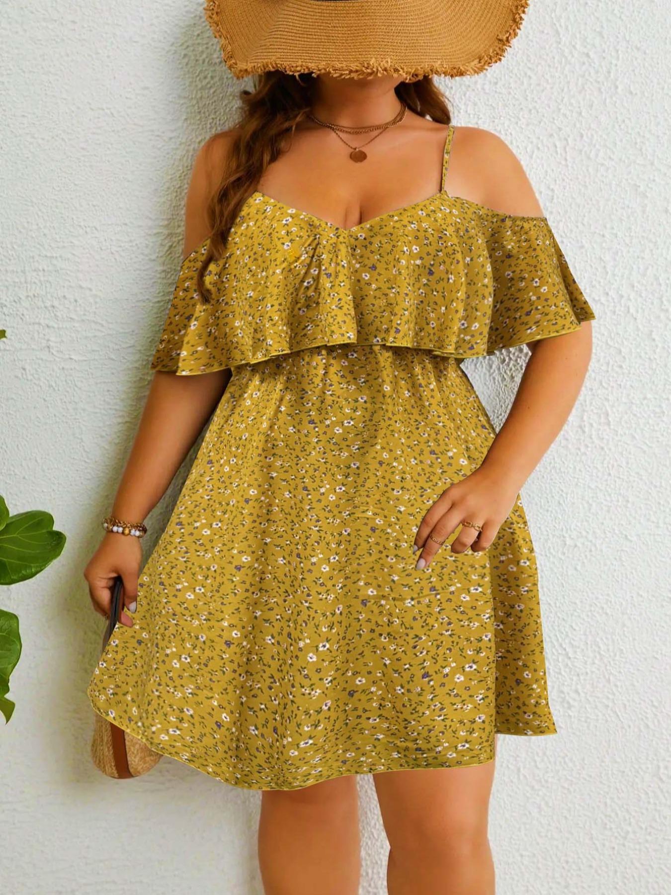 Plus Size Ditsy Floral Print Cold Shoulder Ruffle Trim A Line Dress, Boho Romantic Short Dress for Beach Vacation Holiday, Summer Outfits 2024, Dresses for Women, Women's Clothes for Summer