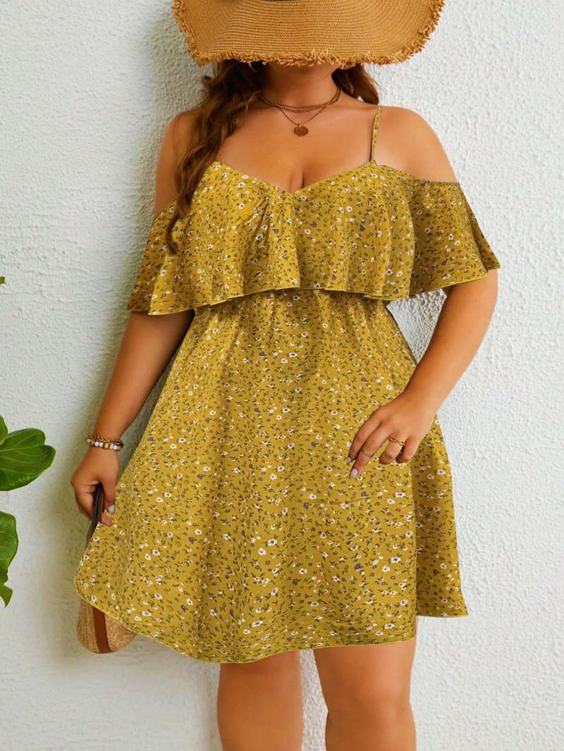 Plus Size Ditsy Floral Print Cold Shoulder Ruffle Trim A Line Dress, Boho Romantic Short Dress for Beach Vacation Holiday, Summer Outfits 2024, Dresses for Women, Women's Clothes for Summer