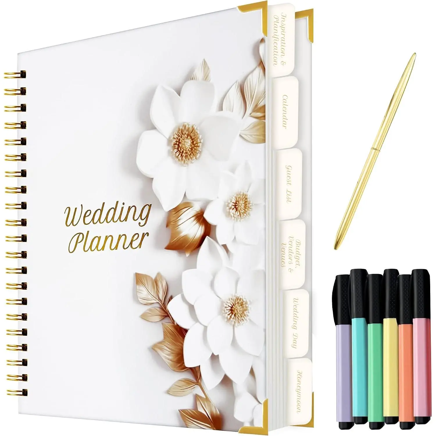 Wedding Planner with Pen and Highlighter Markers, Wedding Planner Book and Organizer with Metal Corners, White Wedding Planning Book - Hardcover Bridal Planner  for Bride to Be