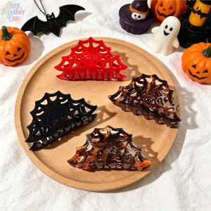 4 Pack Hollow Spider Web Shape Hair Claw Clips, Halloween Gothic Dark Aesthetic Shark Hair Barrettes, Black Red Tortoiseshell Large Hair Catchers for Women Holiday Party & Daily Hairstyle Decor