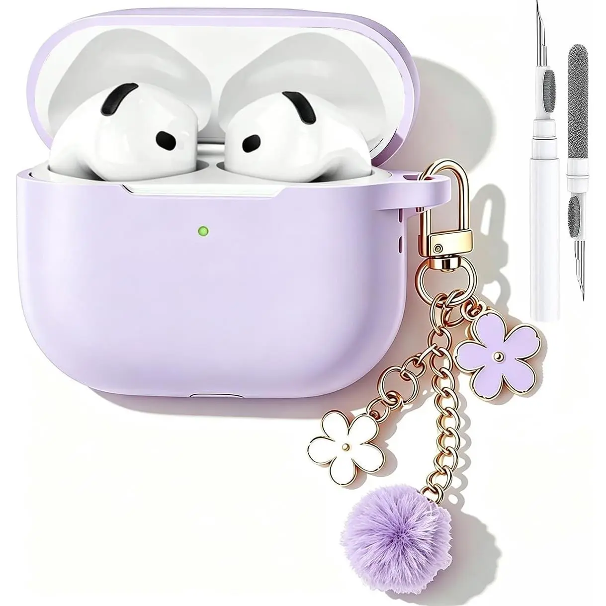 Cute Lavender Case for Airpods 4 Cover for Girl Women with Pom pom Flower Charms Keychain & Cleaner Kit, Soft Silicone Airpods iPod 4th Gen Protective Cover Skin for Airpod 4 2024,Intelligent,Noise,portable