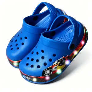 Kids Glow-in-the-Dark Clogs, Breathable EVA Sports & Casual Shoes, Non-Slip Water Sports Beach Footwear, Cartoon Pattern, Slip-On Closure, Battery Operated, Boys & Girls - Spring/Summer/Fall