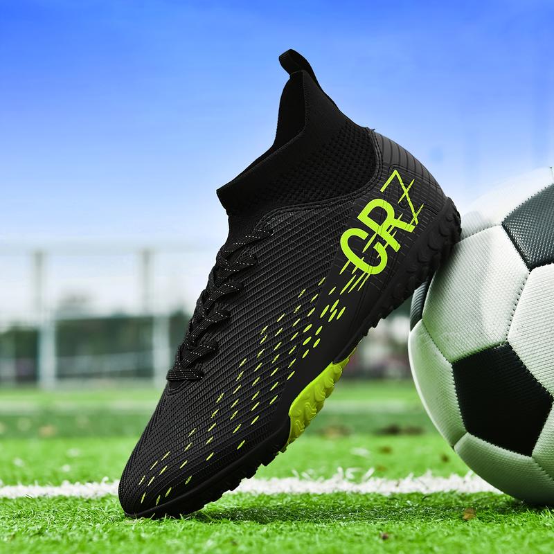 Men's High-top Soccer Shoes - Non-slip, Breathable, Lightweight, Soccer Boots with AG Studs, Suitable for Outdoor Training and Matches, Black with Yellow Accents, CR7 Design, PU Upper, Rubber Sole, Lace-up Closure