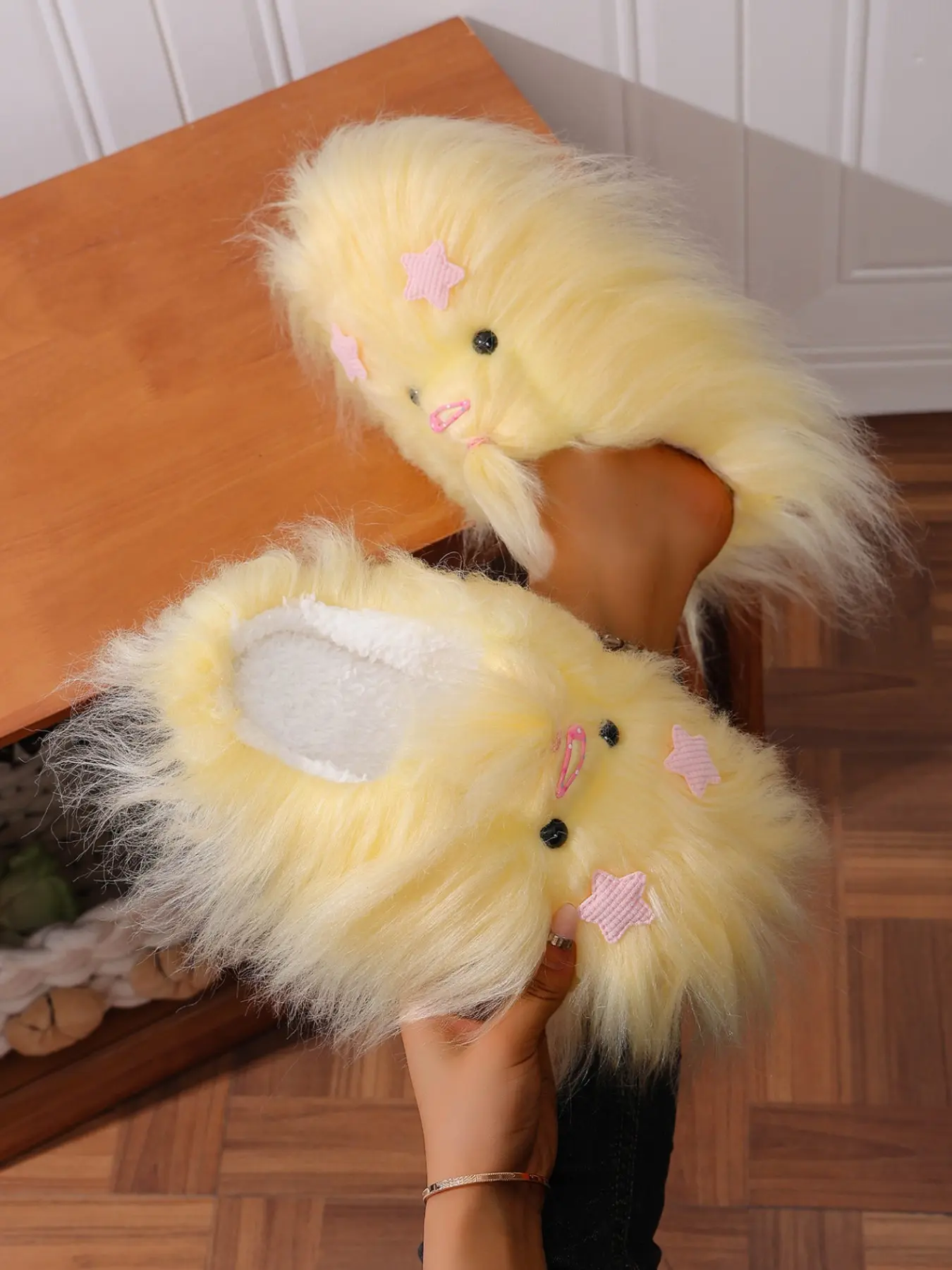 Plush Duck Slippers, Long Hair Home Slippers, Adorable Star Decorations Cotton Slippers, Cartoon Animal Indoor Shoes, Casual All-Season Footwear