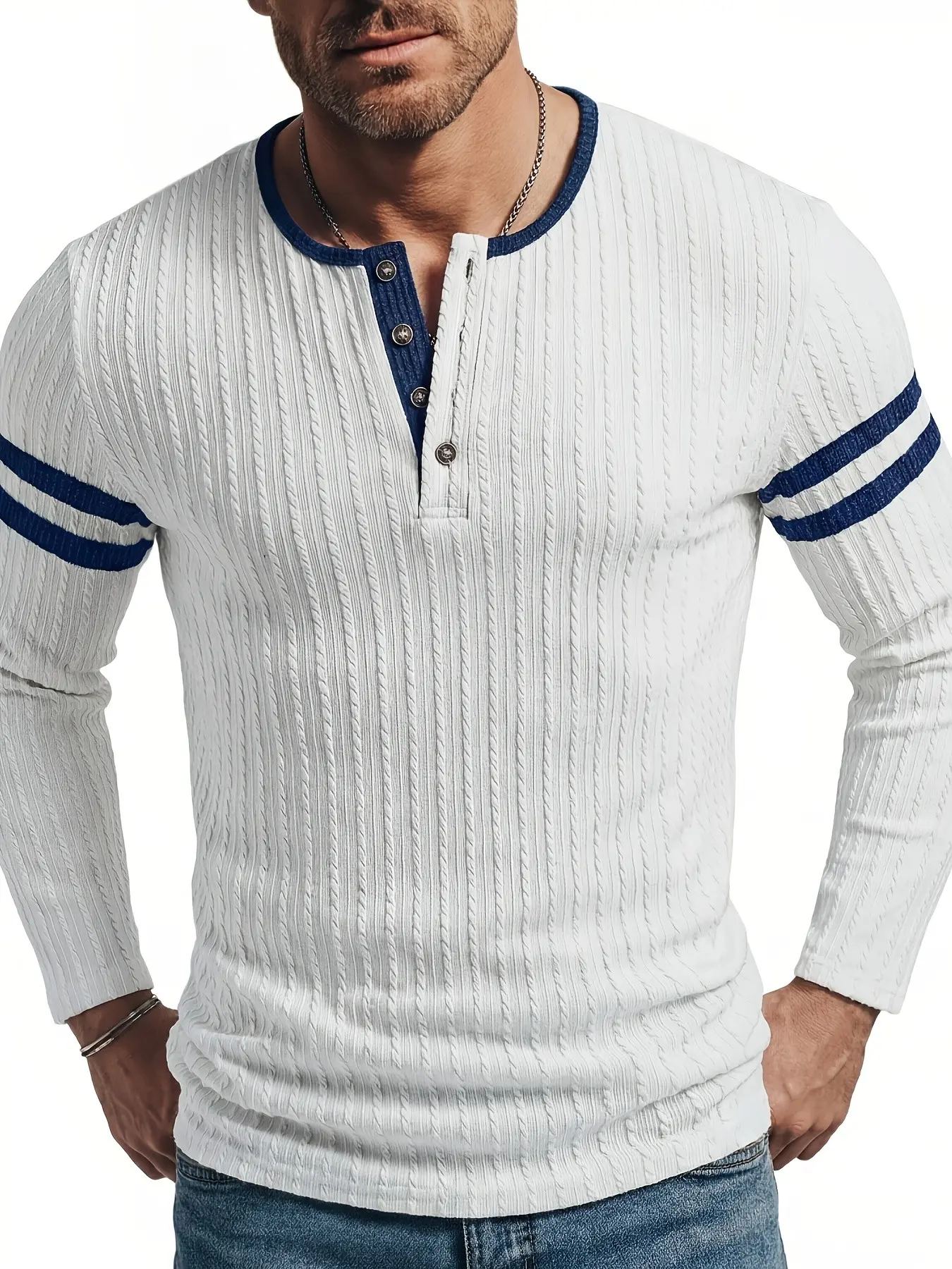 New Men's Henry Shirt, Round Neck Button Front Casual Versatile Top, Striped Sleeves, Contrast Collar Long Sleeve T-Shirt, Fall & Winter Fashion