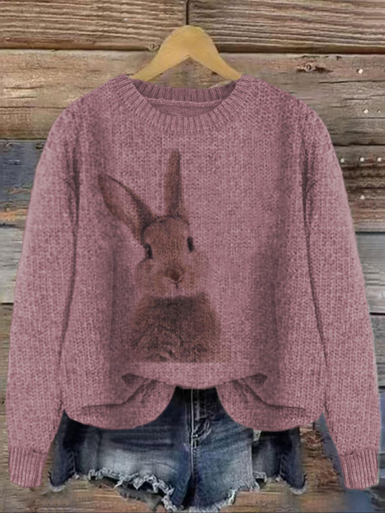 Women's Rabbit Print Drop Shoulder Crew Neck Sweater, Casual Chic Long Sleeve Round Neck Jumper for Fall & Winter, Fashion Ladies' Knitwear for Daily Wear, Women's Clothing, Sweaters for Women, Cute Tops, Knit Pullover Tops
