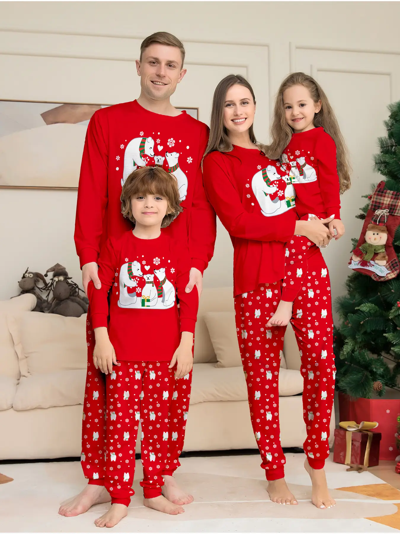 European Style Christmas Print Family Four Matching Long Pajama Two-Piece Set, Hot Sale Festive Outfit