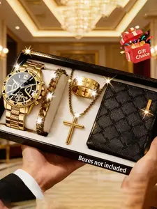 5pcs Men's Luxury Business Fashion Watch Set, Men Accessories, Quartz Watch + Cross Pendant + Wallet, Ideal Gift for All Occasions