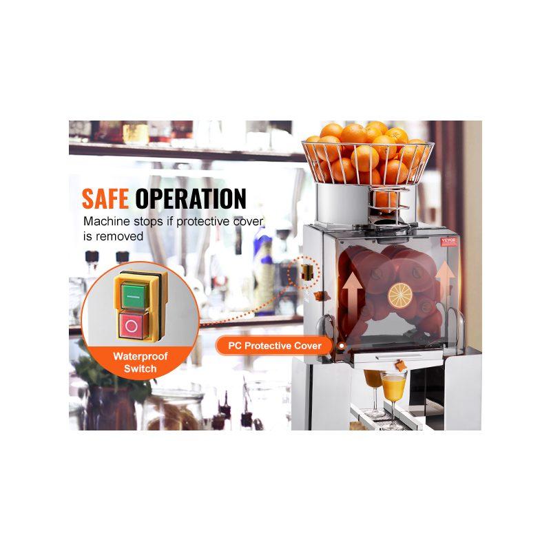 VEVOR Commercial Orange Juicer Machine, 120W Automatic Feeding Juice Extractor, Stainless Steel Juice Extractor for 25 Oranges Per Minute, with Pull-Out Filter Box, PC Cover, 2 Peel Collecting Buckets