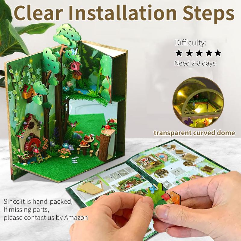 DIY Country Style Wooden Book Nook Kit with LED Light, 1 Set 3D Wooden Puzzle, 3D Desktop Decoration Ornament, DIY Model Kit for Bookshelf Decoration