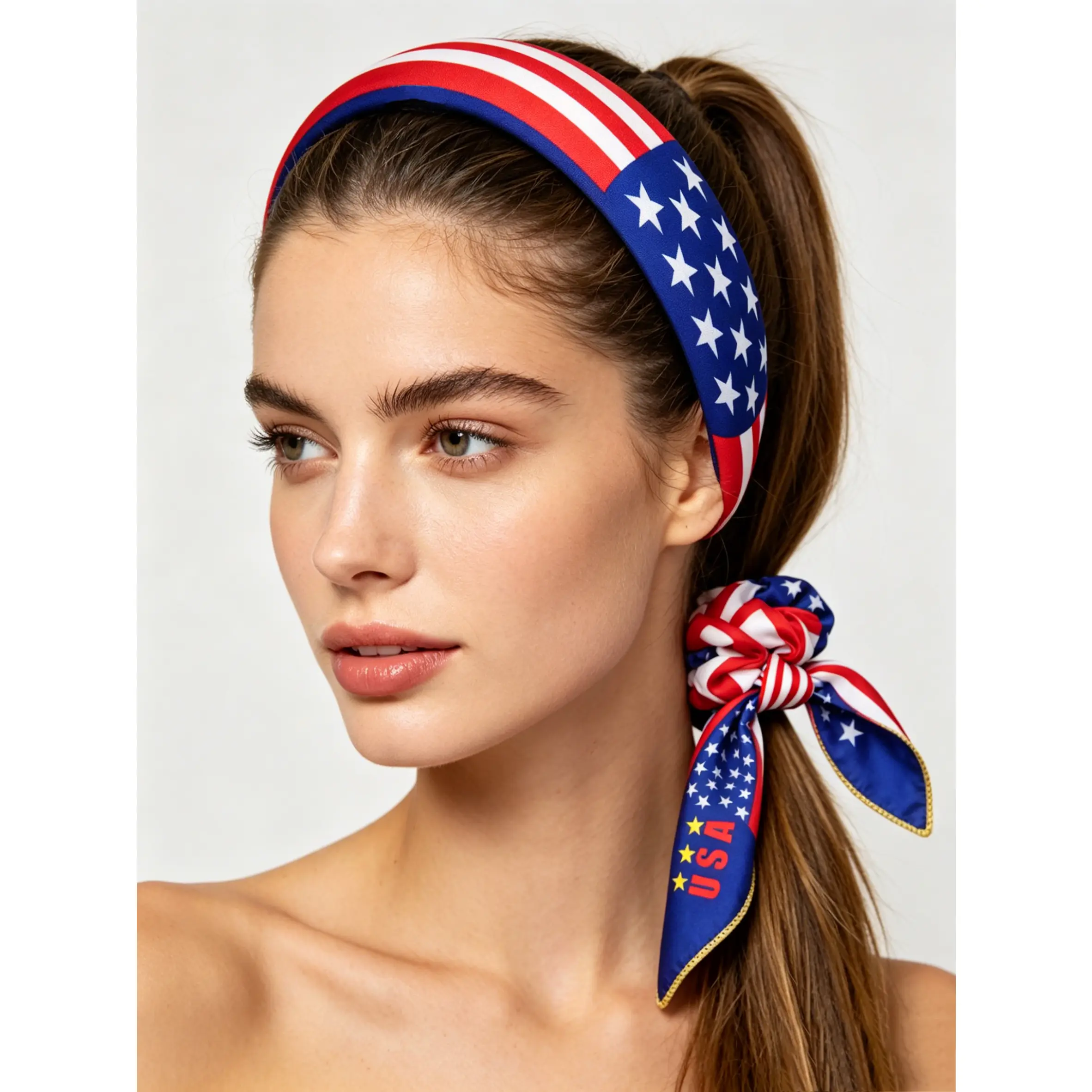 Women's American Flag Graphic 4-Piece Patriotic Accessories Kit - Soft Fabric Headbands, Scarf Scrunchie, 2 Secure Clip Hair Clips, Flag Patterns, Casual Football Sports Event Fan Accessory, Football Fashion, Accessories Kit Headbands