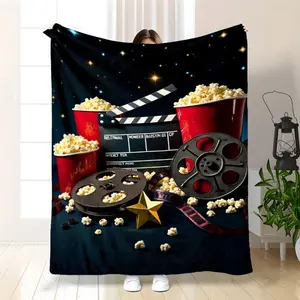50X60 Plush Flannel Movie Night Throw Blanket - Heavyweight 280 GSM All-Season Soft Bedspread With Film, Clapperboard & Popcorn Design In BlackRedWhite - Machine Washable Cozy Couch Bed Cover For Home Theater Decor & Movie Lovers, Though Blank 280GSM