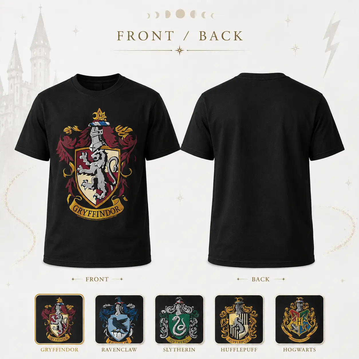 Harry Potter Hogwarts House Crest Graphic Unisex 100% Cotton T-Shirt, Officially Licensed Unisex Short Sleeve Crew Neck Tee, Gryffindor Ravenclaw Slytherin Hufflepuff