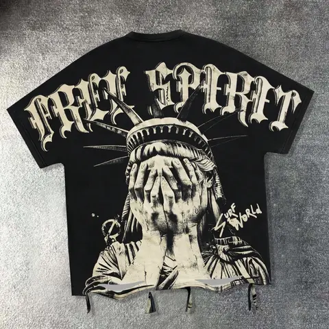 Statue of Liberty printed short sleeved T-shirt, Cool Graphic Tee, Casual Crew Neck, loose, unisex, black, European American street trend, casual fashion brand, 2026 summer, party nightclub, Y2K style Streetwear