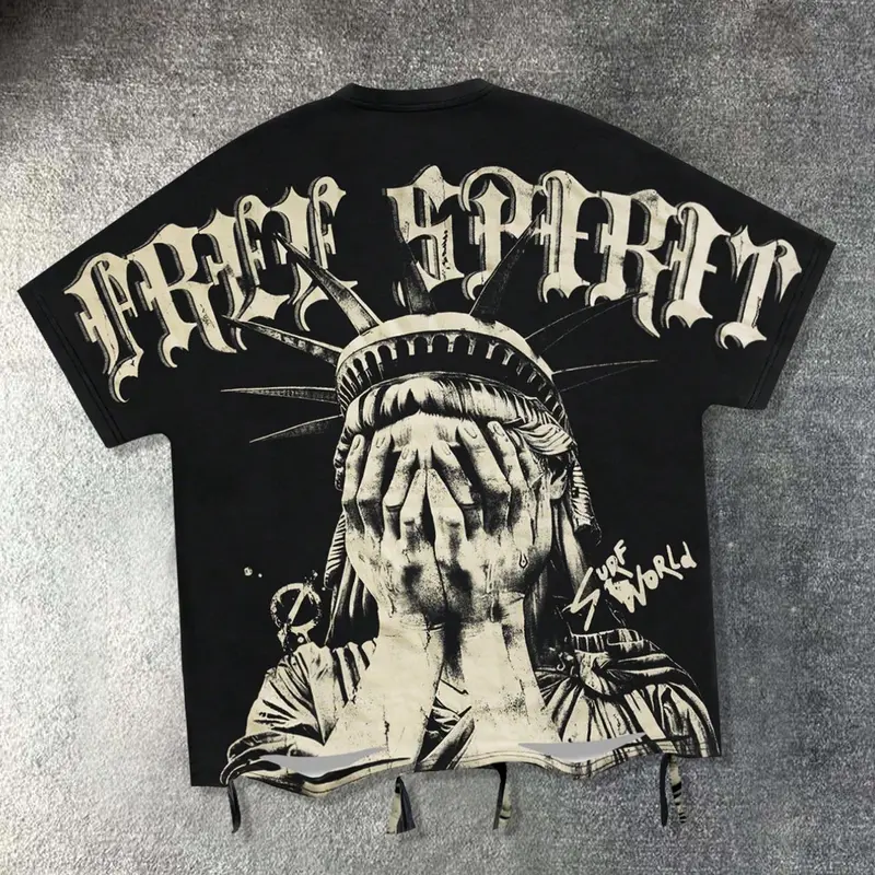 Statue of Liberty printed short sleeved T-shirt, Cool Graphic Tee, Casual Crew Neck, loose, unisex, black, European American street trend, casual fashion brand, 2026 summer, party nightclub, Y2K style Streetwear