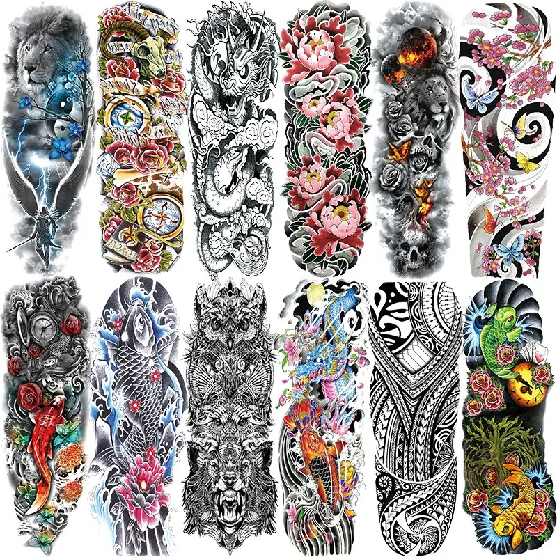 12 Pcs Full Arm Temporary Tattoo Stickers, Waterproof Sleeve Tattoos for Adults, Party Beach Pool BBQ Decor, Body Art Tattoos for Men and Women