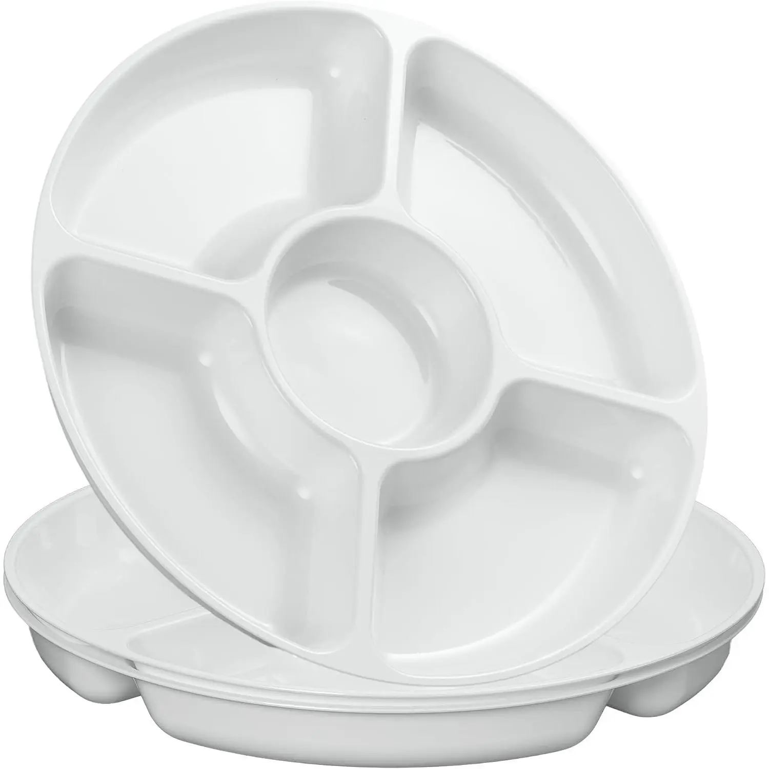 PLASTICPRO 5-Sectional Round Heavy-Duty Plastic Serving Tray-Plate, White, Pack of 2 for Birthday & Family Gatherings