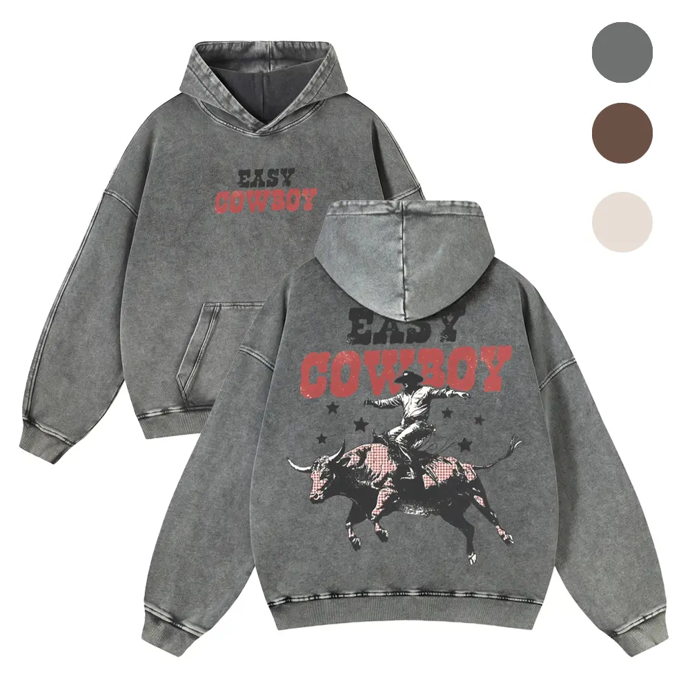 Vintage Western Rodeo Hoodie Oversized Acid Wash Easy Cowboy Bull Rider Graphic Sweatshirt Country Music Unisex Streetwear Pullover