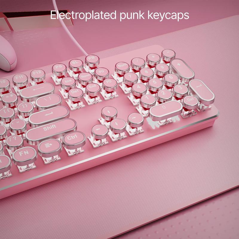 EWEADN Punk Typewriter Mechanical Gaming Keyboard, All-metallic Panel 104 Keys Full-size Numeric Keypad, White Backlit USB Wired Keyboard for Game and Office, Lighted Mechanical Keyboard