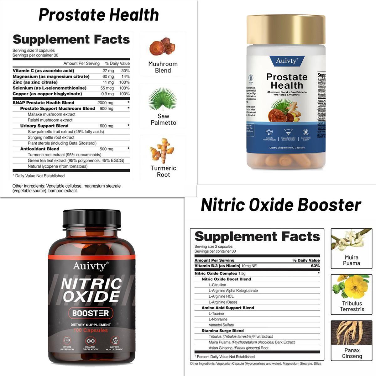Ultimate Men's Health Bundle - Auivty - Nitric Oxide Booster 100ct + Prostate Health 90ct - Natural Supplement Capsules - Support Blood Circulation & Prostate Health