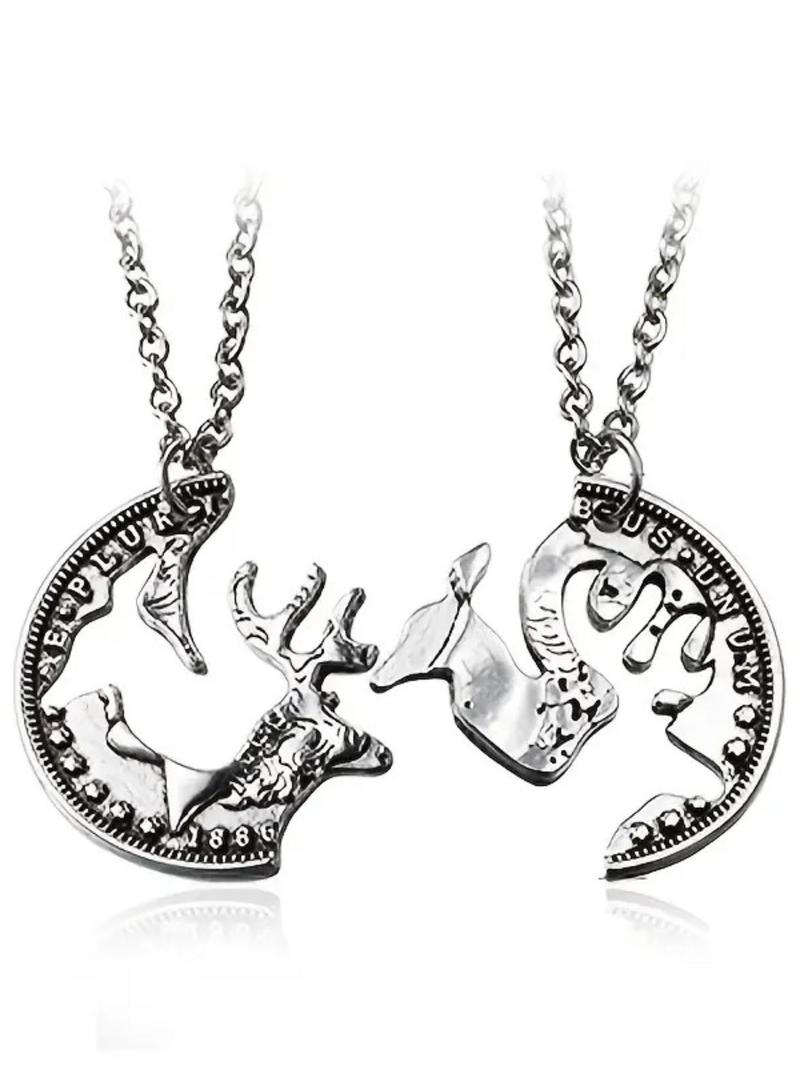 2pcs/set Unisex Asymmetrical Necklace with Deer Design, Casual Trendy Metal Feature, Fashionable Charms Necklace for Daily & Party Decoration, Western Jewelry, Men Jewelry, Friendship Jewelry
